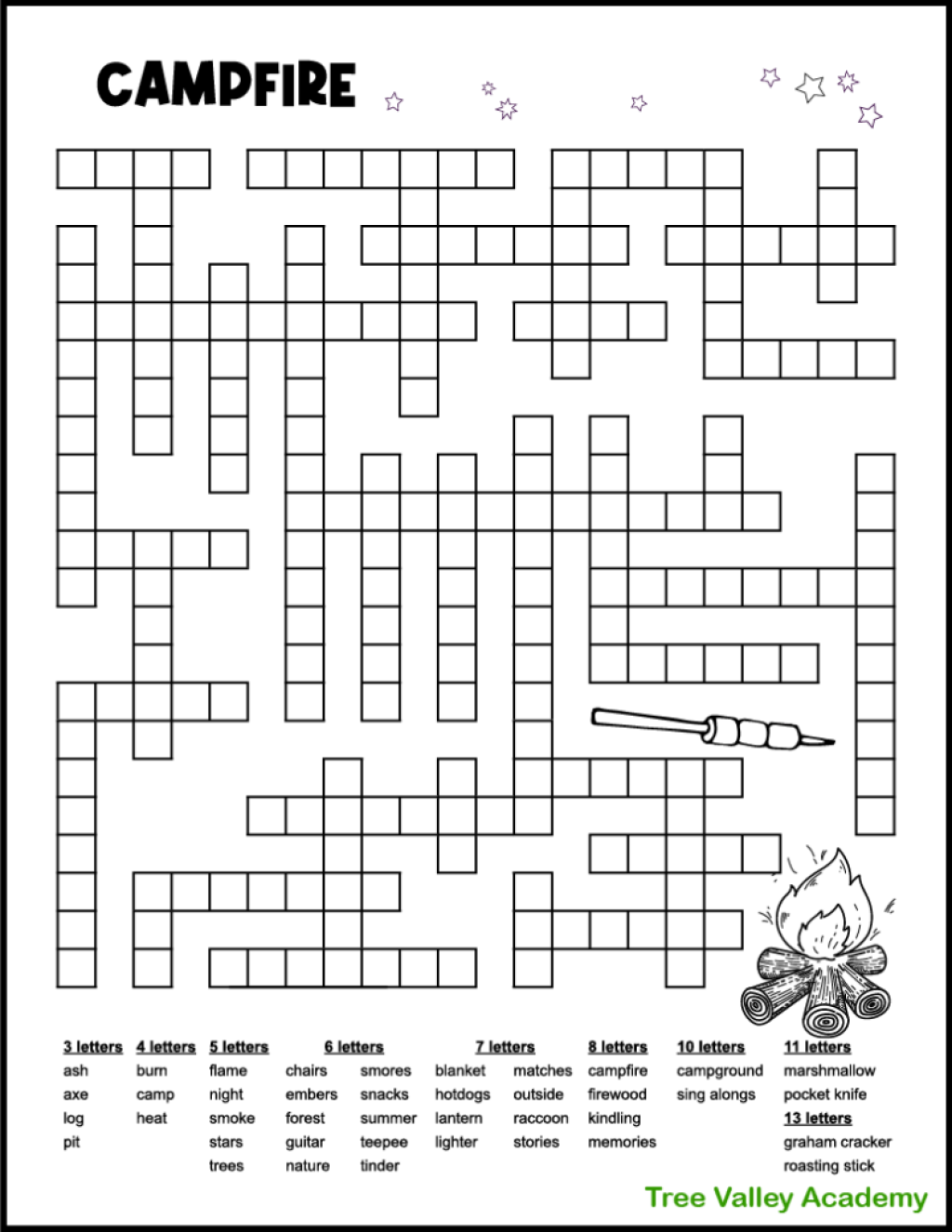 Picture of: Campfire Camping Word Fill In Puzzle – Tree Valley Academy