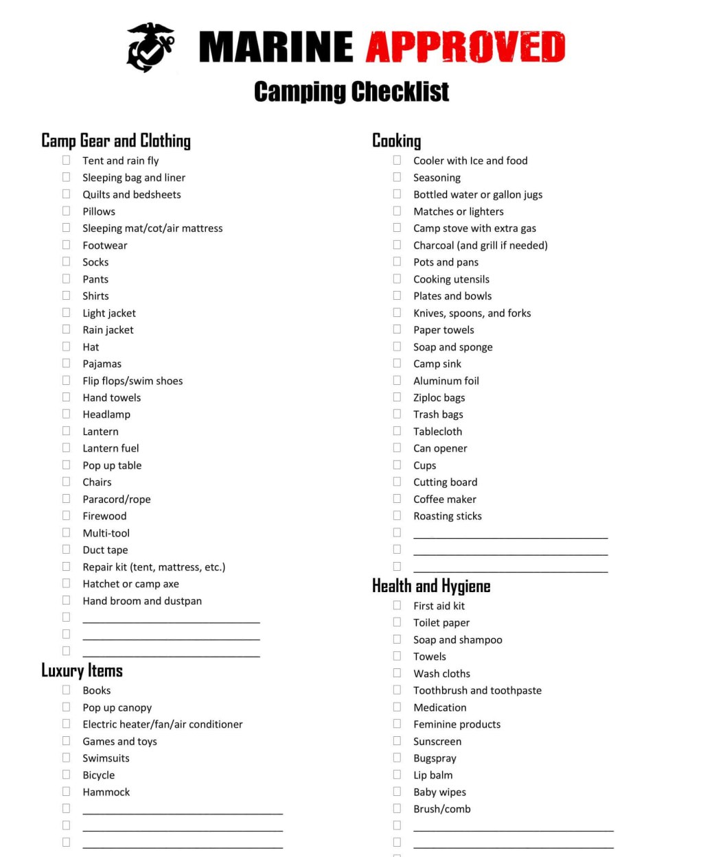 Picture of: Camping Checklist  (with Printable PDF) – Marine Approved