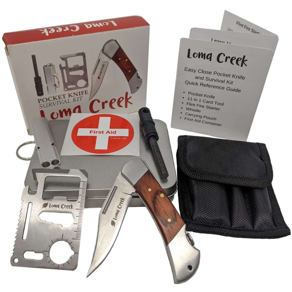 Picture of: Loma Creek Kids Pocket Knife & Camping Essentials Kit – Multi-Tool Card,  Whistle & Fire Starter in a Carry Bag. Simply close safety lock on the  knife